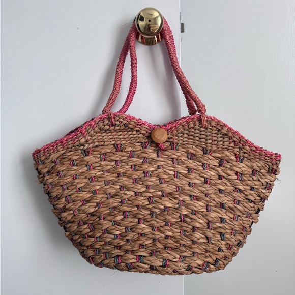 Handbags - Woven Straw Tote Bag with Pink Accents